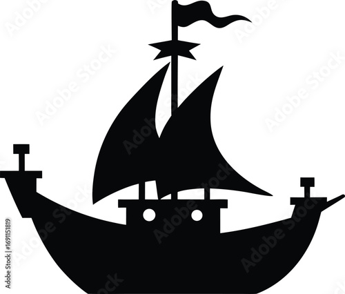 Black silhouette of the pirate ship in night, Silhouette of a Pirate Ship with Fluttering Flags Vector Illustration