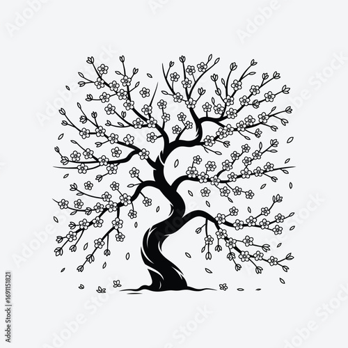 Illustration of a cherry blossom tree with delicate flowers, , a symbol of spring and renewal