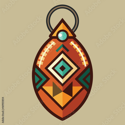 Vector illustration of an ornamental pendant in a geometric flat design with tribal motifs and a stylish color palette.