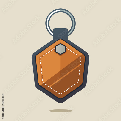 Stylized vector illustration of a modern leather keychain with a hexagonal tag and keyring presented on a neutral background