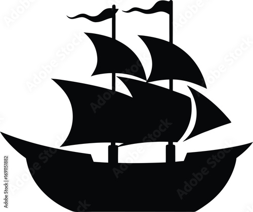 Black silhouette of the pirate ship in night, Silhouette of a Pirate Ship with Fluttering Flags Vector Illustration