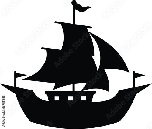 Black silhouette of the pirate ship in night, Silhouette of a Pirate Ship with Fluttering Flags Vector Illustration