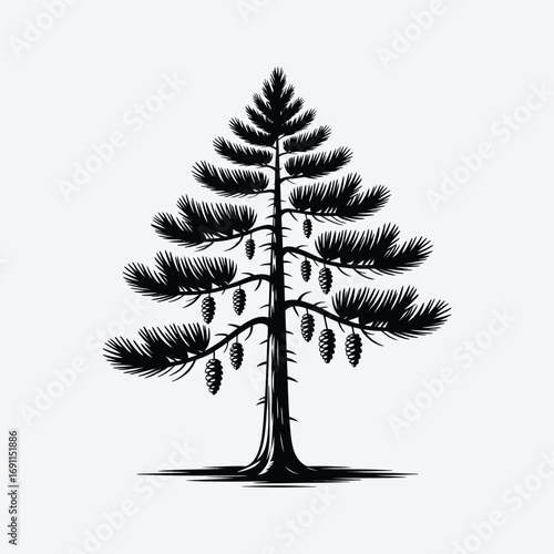 Illustration of a pine tree with cones, , a symbol of winter and the evergreen forest