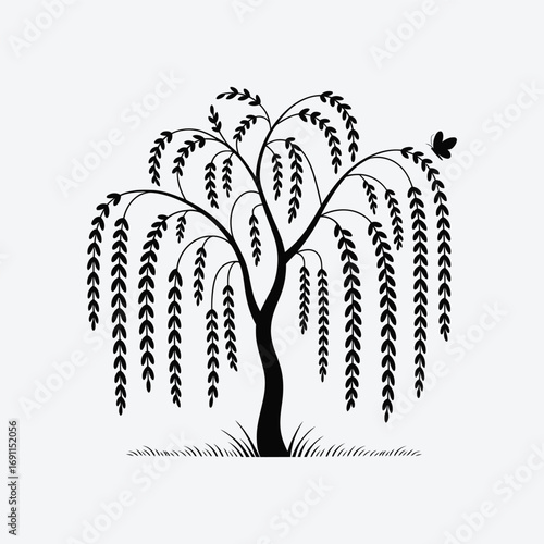 Illustration of a willow tree with butterfly, a graceful symbol of resilience and transformation