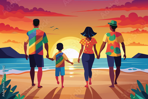 A vibrant illustration depicts a multiracial family of four enjoying a peaceful sunset stroll on a beach.