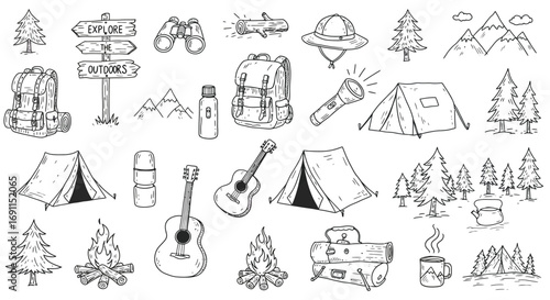 Camping and outdoor adventure doodles featuring tents, backpacks, campfires, and nature elements isolated on white background