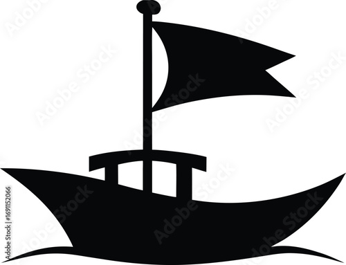 Pirate Ship with Skull Flag Black Silhouette Vector Illustration. Pirate Boat Vector Silhouette - Skull Flag on Isolated White Background
