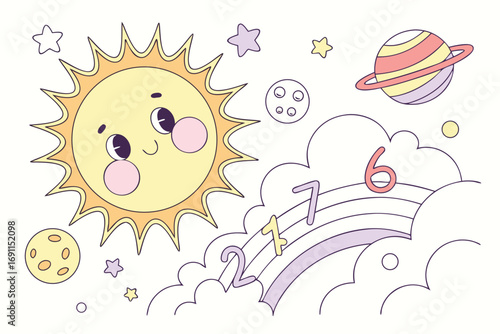 A whimsical and child-friendly illustration featuring a cartoon sun with expressive eyes and rosy cheeks, accompanied by planets, stars, clouds, and numbers (likely 21 and 6) on a rainbow.