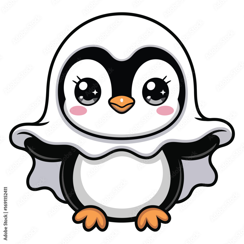 Fototapeta premium A cute Halloween-themed penguin in a sparkling kawaii style, dressed as a ghost.