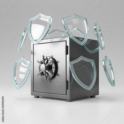 Secure safe protected by multiple transparent shield icons symbolizing data security and digital protection against threats