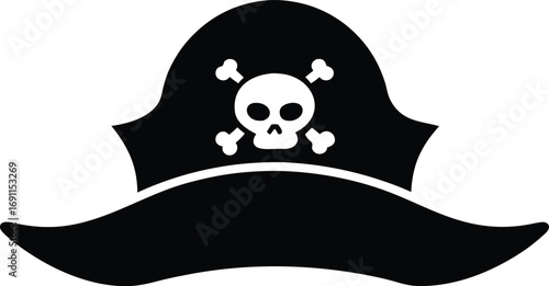Pirate Skull with Crossed Swords and Hat Silhouette Vector Illustration. Pirate Symbol Vector: Skull and Crossed Swords with Pirate Hat Silhouette