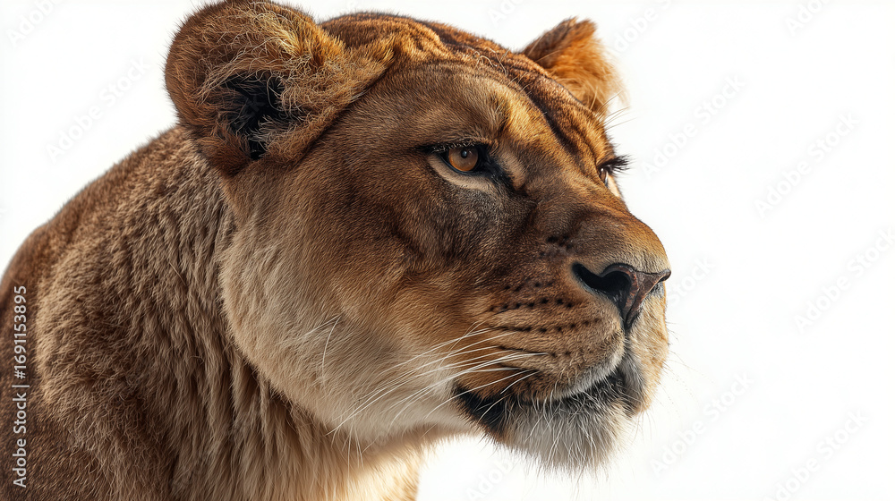Obraz premium Lioness profile highlighted against a bright background showcasing her fierce expression and regal posture Generative AI