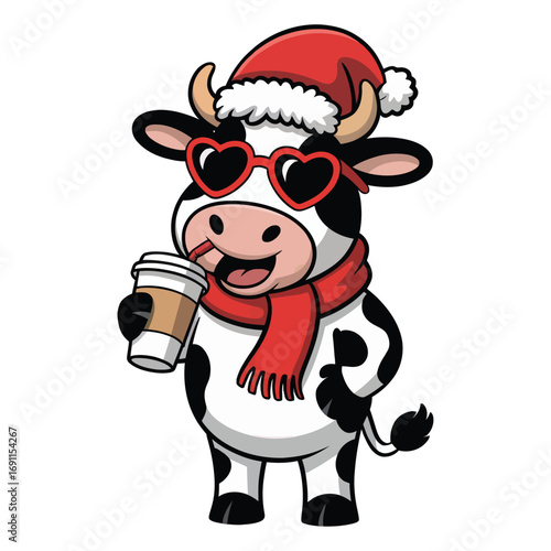 Front view of a happy moo cow standing on white background, wearing red Christmas hat, red scarf, red heart shaped sunglasses.