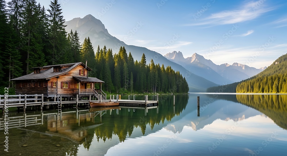 Fototapeta premium Serene Lakeside Cabin in Mountain Scenery.