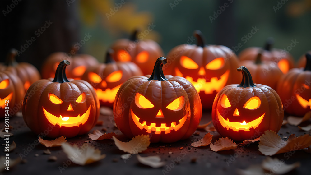 Fototapeta premium cluster intricately carved eerie asymmetrical grins fills frame golden eyes glowing softly