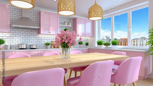 Bright and Modern Kitchen Design with Pink Cabinets and Elegant Pendant Lights in a Cozy Dining Area
