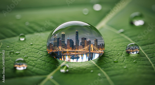 Stunning cityscape reflection captured within a vibrant water droplet on a lush green leaf