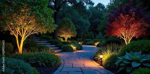 Dramatic landscape lighting illuminates a lush garden at night, highlighting vibrant foliage and stone pathways  The soft glow creates a magical ambiance ,  shrubs,  landscaping