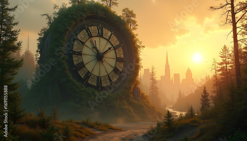 Mystical Forest Clock at Sunset: An Artistic Urban Adventure in Nature's Serene Landscape and Scenic Environment