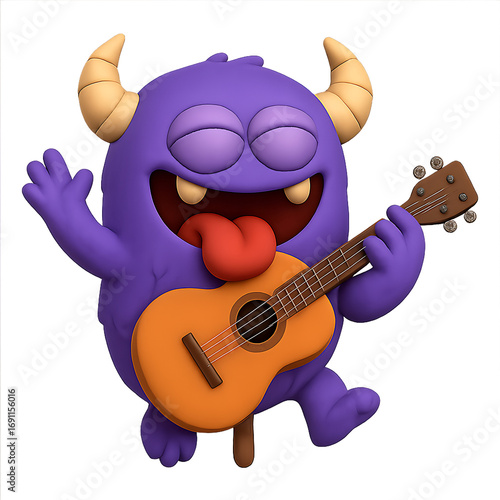 Cute purple monster joyfully playing acoustic guitar with eyes closed and tongue out fun music concept illustration