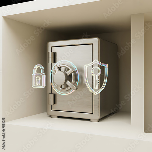 Secure financial safe with lock and shield icons symbolizing protection and safety for valuables and important documents