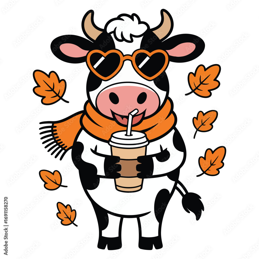 Obraz premium A happy moo cow standing symmetrically on a white background, wearing an orange scarf, wearing orange heart-shaped sunglasses.