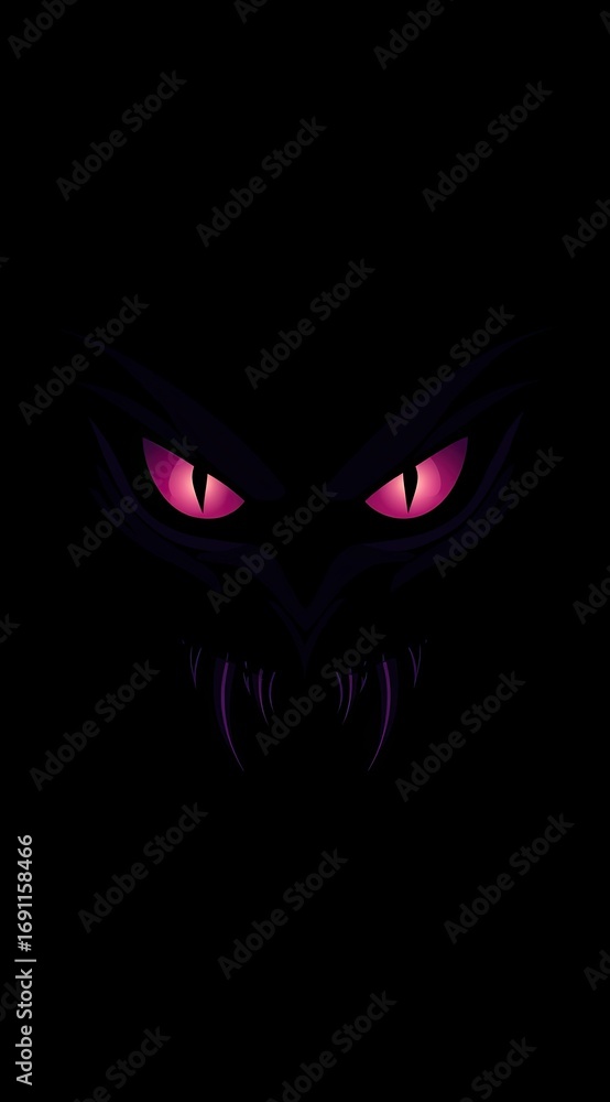 Fototapeta premium Dark background, black background, pink light in the middle of two eyes of an evil demon 