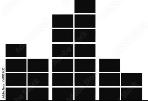 A black equalizer graphic with varying bar heights, bars are arranged in a grid pattern, representing different frequency levels in audio
