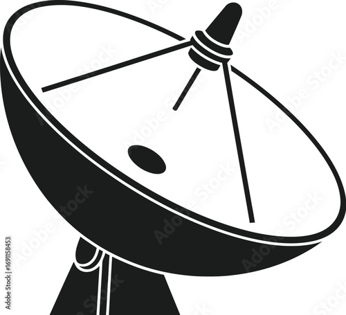 A black satellite dish with a curved surface and a central receiver, dish is angled upwards, suggesting it is receiving or transmitting signals