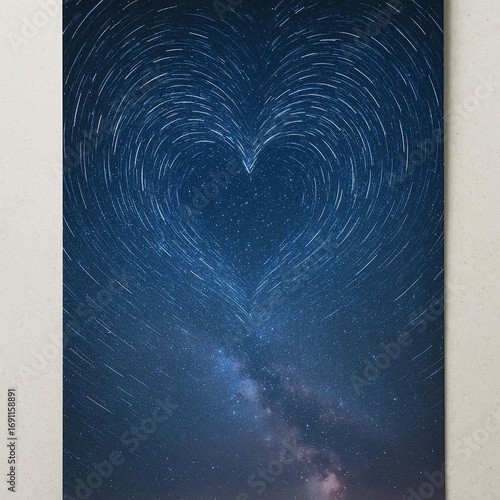 Night sky with star trails forming a heart shape, capturing a romantic and dreamy celestial scene.