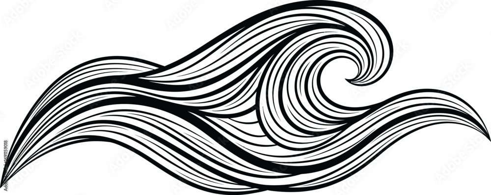 Fototapeta premium Black and illustration of a stylized wave with intricate line work, this design evokes a sense of movement, fluidity, and natural beauty