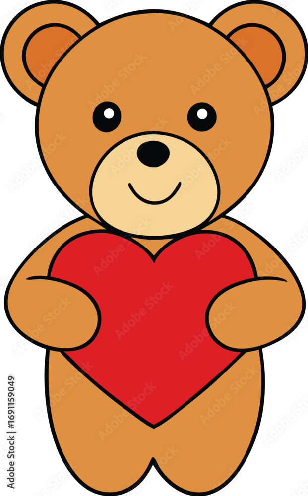 Fototapeta premium Cute cartoon teddy bear holding a red heart love valentine