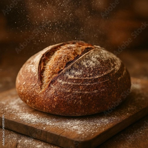 Freshly baked artisan sourdough bread with flour dust on rustic wooden kitchen table.