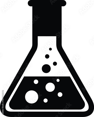 A black and illustration of a laboratory flask with bubbles, , perfect for science, chemistry, and educational designs