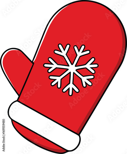 Red cartoon mitten with white snowflake design glove
