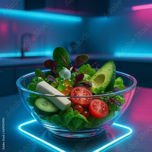Modern futuristic vegan salad in glass bowl with neon glow and molecular gastronomy style, healthy food concept