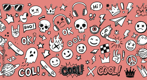 Funky doodle pattern with skulls, stars, and skateboards on a pink background, creating a playful and youthful aesthetic for various creative projects