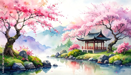 Peaceful cherry blossom scene