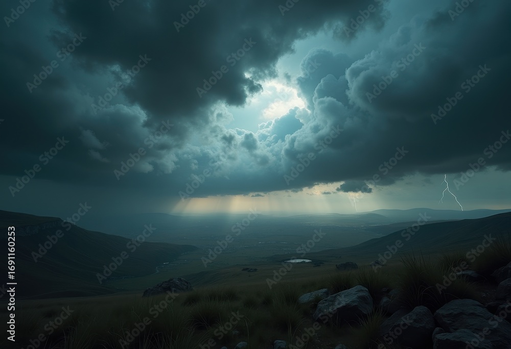 Fototapeta premium dramatic endless horizon storm clouds dark sky atmospheric landscape, nature, view, expanse, mist, overcast, darkness, silhouette, weather, lightning