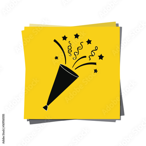 Black party popper exploding confetti stars streamers yellow background celebration