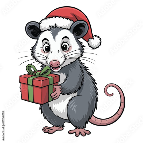 hand drawn cartoon illustration of an opossum standing on a white background looking forward holding a red gift box, wearing a red christmas hat