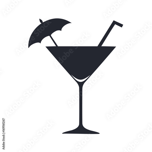 Dark silhouette of a martini glass with umbrella and straw cocktail drink