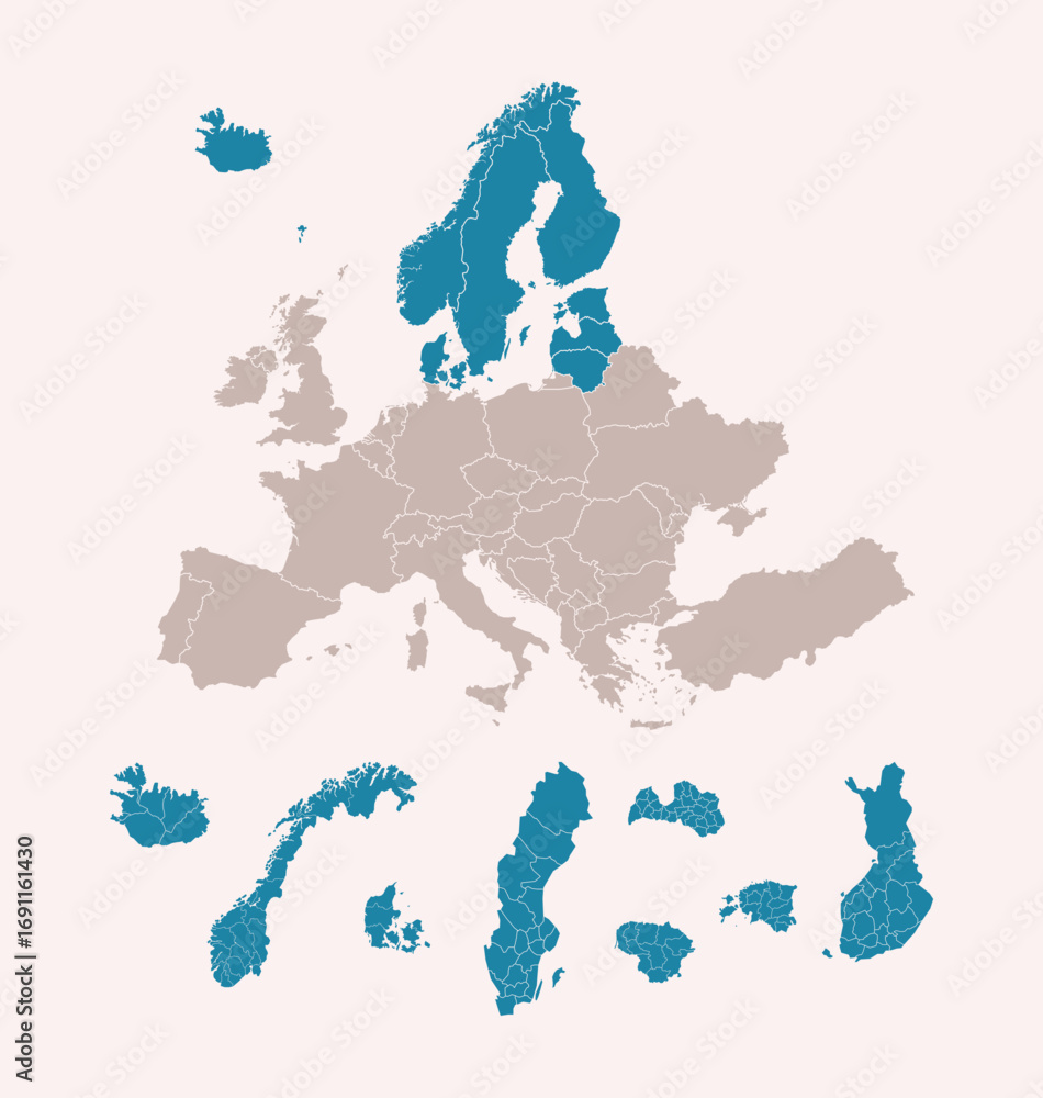 Obraz premium Northern Europe map with regions. Includes Iceland, Ireland, United Kingdom, Denmark, Norway, Sweden, Finland, Estonia, Latvia, Lithuania. High detail, vector on white background.