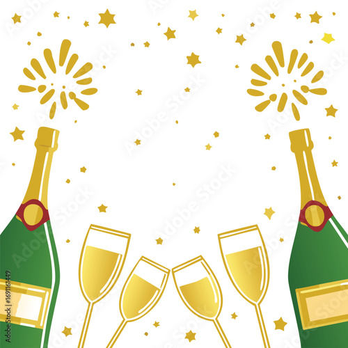 Green champagne bottles clinking golden glasses festive stars celebration party