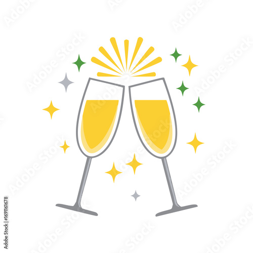 Two champagne glasses clinking with yellow liquid and sparkling stars celebration