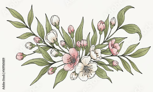 Delicate floral illustration of pink and white flowers, buds and green leaves, design element