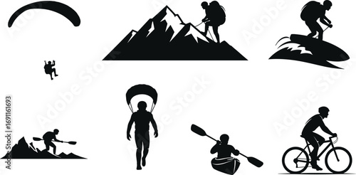 Adventure sports silhouettes, mountain climbing, kayaking, cycling, paragliding, jet ski, outdoor activities, extreme sports, fitness icons, travel exploration