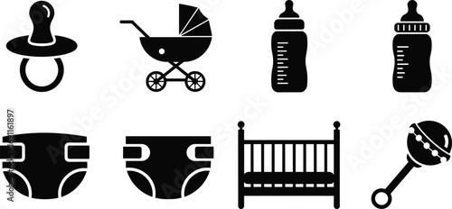 Baby care icons set with pacifier, stroller, baby bottles, diapers, crib, rattle toy, infant essentials, newborn items, child care