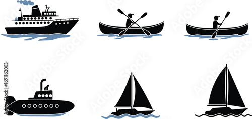 Boat, ship, kayak, canoe, sailboat, submarine, maritime transport, watercraft icons, sea adventure, ocean vessels, paddle rowing, nautical equipment, water sports, travel, marine life