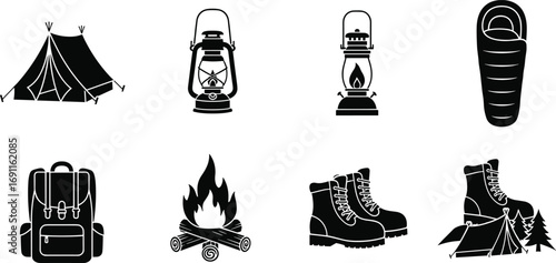 Camping equipment silhouette collection, hiking gear vector icons, outdoor adventure tools, travel backpack, tent, lantern, campfire, boots, sleeping bag